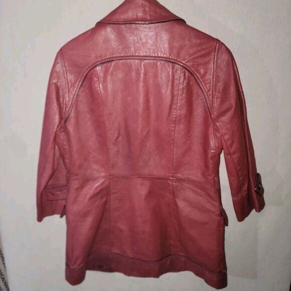 Oxblood Red Genuine Leather Jacket Long Women's Size M/L Button 3/4 Sleeve Chic - Picture 2 of 12